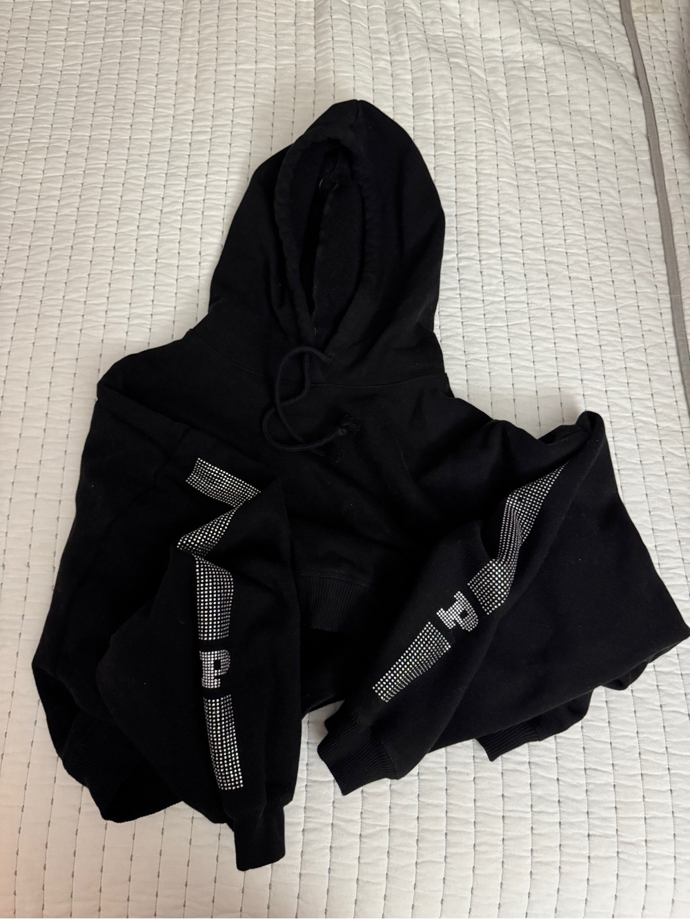 PINK Black crop Hoodie Sweater with Rhinestone Sleeve Accents